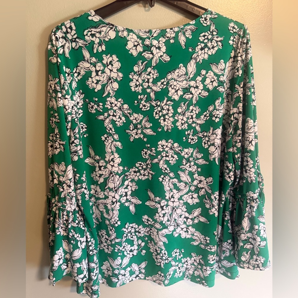 Liz Claiborne Emerald Green Floral Long Bell Sleeve Tunic peasant blouse size XL - Picture 7 of 8